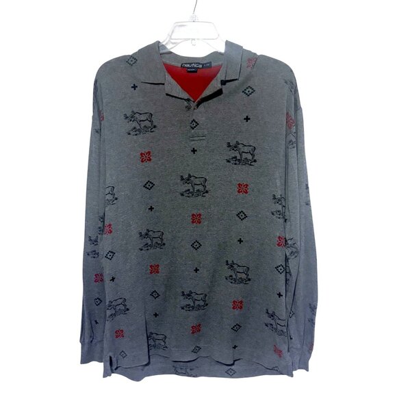 Vintage 90s Nautica Moose Graphic Print Polo Shirt L Long Sleeves AOP Nordic - Picture 2 of 5